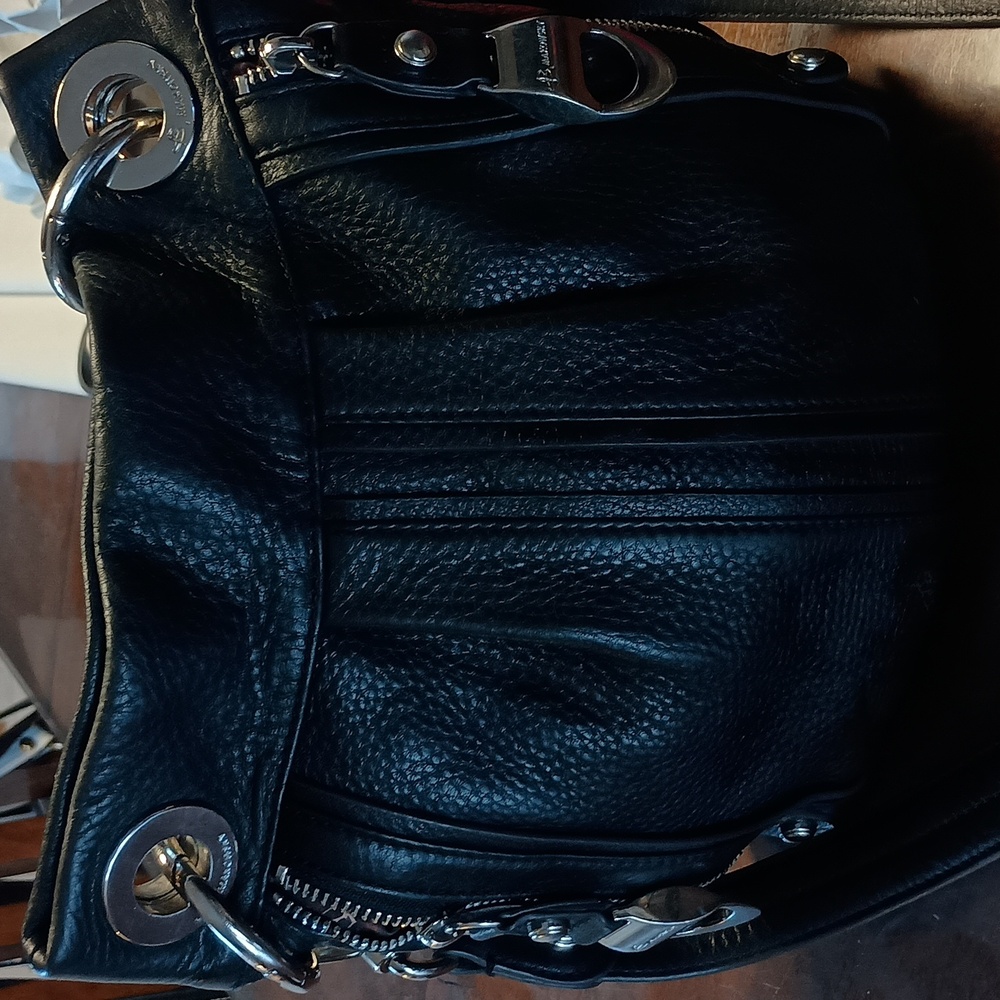 B Makowsky Black Pebble Soft Genuine Leather Convertible Handbag Leopard Lining